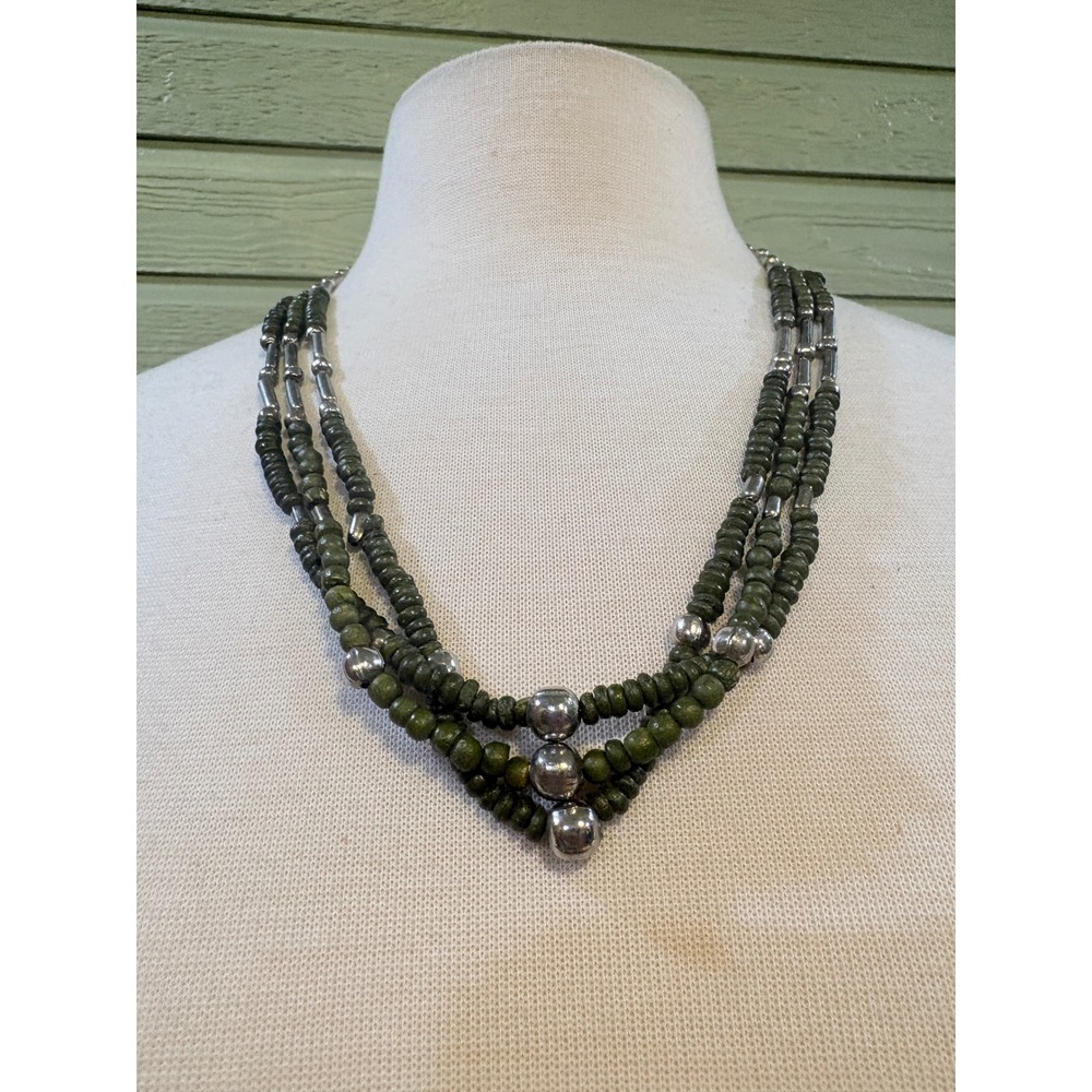 Vintage Multi Strand Olive‎ Green Wood Bead Liquid Silver Tone Layered Necklace
